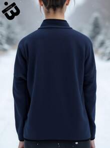 Jachetă de damă din fleece cu buzunare contrastante - Îmbrăcăminte de exterior cu mânecă lungă și guler înalt, fermoar complet, pentru călătorii de iarnă, naveta în aer liber și îmbrăcăminte confortabilă în straturi, de zi cu zi