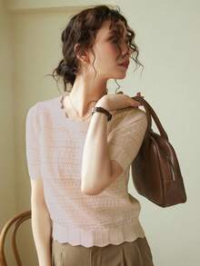 Knit Mix Áo sơ mi nữ thanh lịch, áo thun ngắn tay cổ tròn khoét eo với viền ren độc đáo, phù hợp với dáng người nhỏ nhắn, màu trơn, thích hợp mặc thường ngày/đi làm, áo mùa xuân/hè, màu kem cổ điển tinh tế, trang phục mùa xuân/hè cho năm học mới, cũng thích hợp cho các dịp thường nhật như Giáng sinh, Lễ Tạ ơn và Năm mới. - Màu Khaki - Xem 6