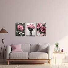 Set de 3 tablouri pe pânză cu trandafiri roz înfloriți, cu ramă, poster rustic cu imprimeu floral roz, alb-negru, pentru living contemporan, baie, dormitor, hotel, pensiune, apartament, vilă, galerie, sală de clasă, cameră pentru copii, bucătărie, sufragerie, casă de la țară, studio, birou, decorațiune de birou, gata de agățat