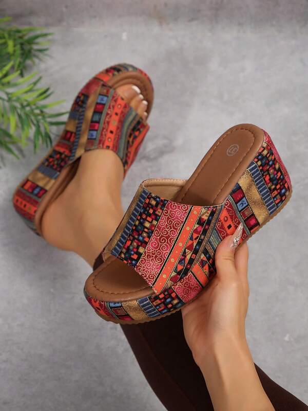 2025 Spring/Summer Women's New Thick Bottom Strap Sandals; Casual Comfortable Striped Bohemian Platform Slide Sandals, Beach Festival Holiday Party Outdoor Indoor Summer