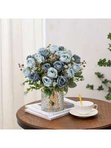 1/3/80pcs Artificial Rose Bouquet, Embroidered Ball, Mixed Peony Flowers, Bridal Bouquet, Wedding Decor, DIY Wreath Materials, Birthday Party Decorations, Home Decor For Living Room, Vase, Outdoor Garden, Autumn, Valentine's Day, New Year Gift - Blue - View 7