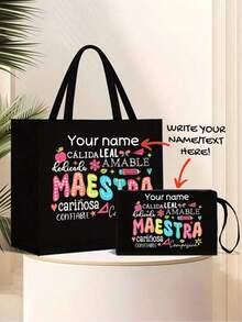 Teacher Appreciation Zipper Bag Combination Storage Bag, Customizable Name Polyester Makeup Bag With "Best Teacher Ever", Lightweight Travel Makeup Storage Bag, Washable Makeup Bag - Black - View 1