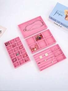 9/1 件粉色天鹅绒首饰托盘，大容量珠宝收纳盒，带独立隔层，可堆叠珠宝展示架，可容纳耳环、项链、手镯、戒指、发夹、发带等。 - 彩色 - 查看 2