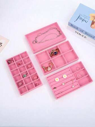 9/1 件粉色天鹅绒首饰托盘，大容量珠宝收纳盒，带独立隔层，可堆叠珠宝展示架，可容纳耳环、项链、手镯、戒指、发夹、发带等。