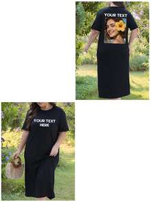 女士个性化照片定制连衣裙，定制您的情侣/爱人/家人/挚友/宠物照片，舒适宽松大码超长连衣裙，定制T恤连衣裙，送给她的礼物，秋季上衣，周年纪念礼物，情人节礼物，生日礼物，结婚礼物，挚友礼物 - 黑色 - 查看 3