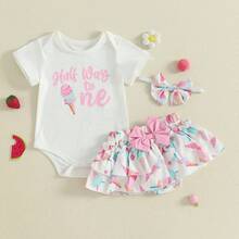Half Way To One Newborn Baby Girls Birthday Outfits Letter Print Romper Bodysuit Top + Strawberry/Ice Cream/Orange/Watermelon Print Shorts + Bow Headband 3Pcs Clothes Set - 白色 - 查看 4