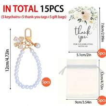 Bộ 15 móc khóa nơ và ngọc trai giả thanh lịch, bao gồm móc khóa, thiệp cảm ơn và túi vải organza trắng, lý tưởng làm quà tặng cô dâu, sinh nhật và đám cưới. - nơ - Xem 8