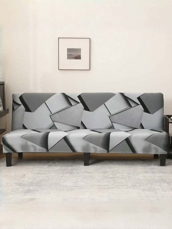 1pc Premium Grey Irregular Square Printed Sofa Bed Cover, With Elastic All Inclusive Polyester Fiber Armless Sofa Cover, Suitable For Hotel And Home Use