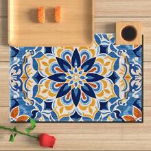 A Set Of 4/6pcs With Blue Patterns, Table Placemats, Made Of Machine Washable Polyester Fiber, This Rectangular Heat-Resistant Placemat Is Heat-Resistant, Stain Resistant, Waterproof, And Easy To Clean. It Is Suitable For Desktop Decoration, Holiday Party Decoration, And Desktop Protection, And Is Suitable For Both Home And Outdoor Use
