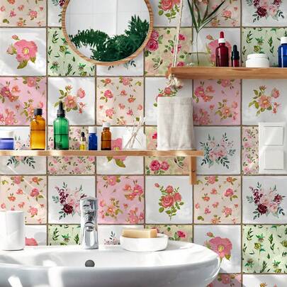 SUPSTICKER 1/10pcs Vintage Spring Floral Pattern Home Decor Wall Stickers, Crystal Thickened Faux Ceramic Tile Wall Decals, Self-Adhesive Removable, Suitable For Living Room, Bedroom, Kitchen Tile Walls Or Smooth Surfaces, Also For Cabinet, Tabletop Decoration, DIY