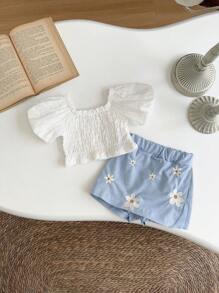 2pcs/Set Newborn Baby Girl White Princess Super Short Puff Sleeve T-Shirt + Floral Embroidery Shorts, Summer