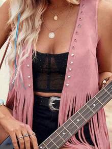 Women Rivet Tassel Vest Open Front Sleeveless Faux Suede Vest Jacket Hippie Costumes - Pink - View 5
