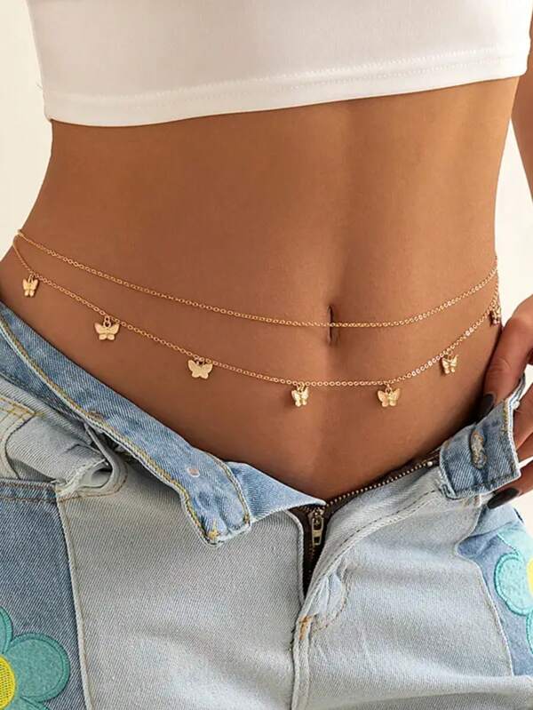 2 Pieces Of Women's Butterfly Tassel Thin Chain Waist Chain Summer Beach Vacation Party Wear Perfect Gift