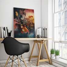 Póster de arte de lienzo con fusión musical, impresión de guitarra eléctrica y tambores, arte de pared de música, decoración de pared de instrumentos de banda, arte de pared de lienzo, arte de pared de lienzo para decoración de dormitorio, bar, oficina y sala de regalo - Beis - Ver 7