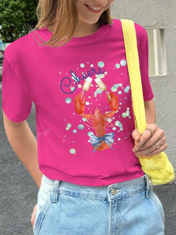 T-shirt d'été amusant pour femmes avec motif homard "Cheers", Top décontracté de plage, cadeau pour amateurs de fruits de mer, loisirs et fête