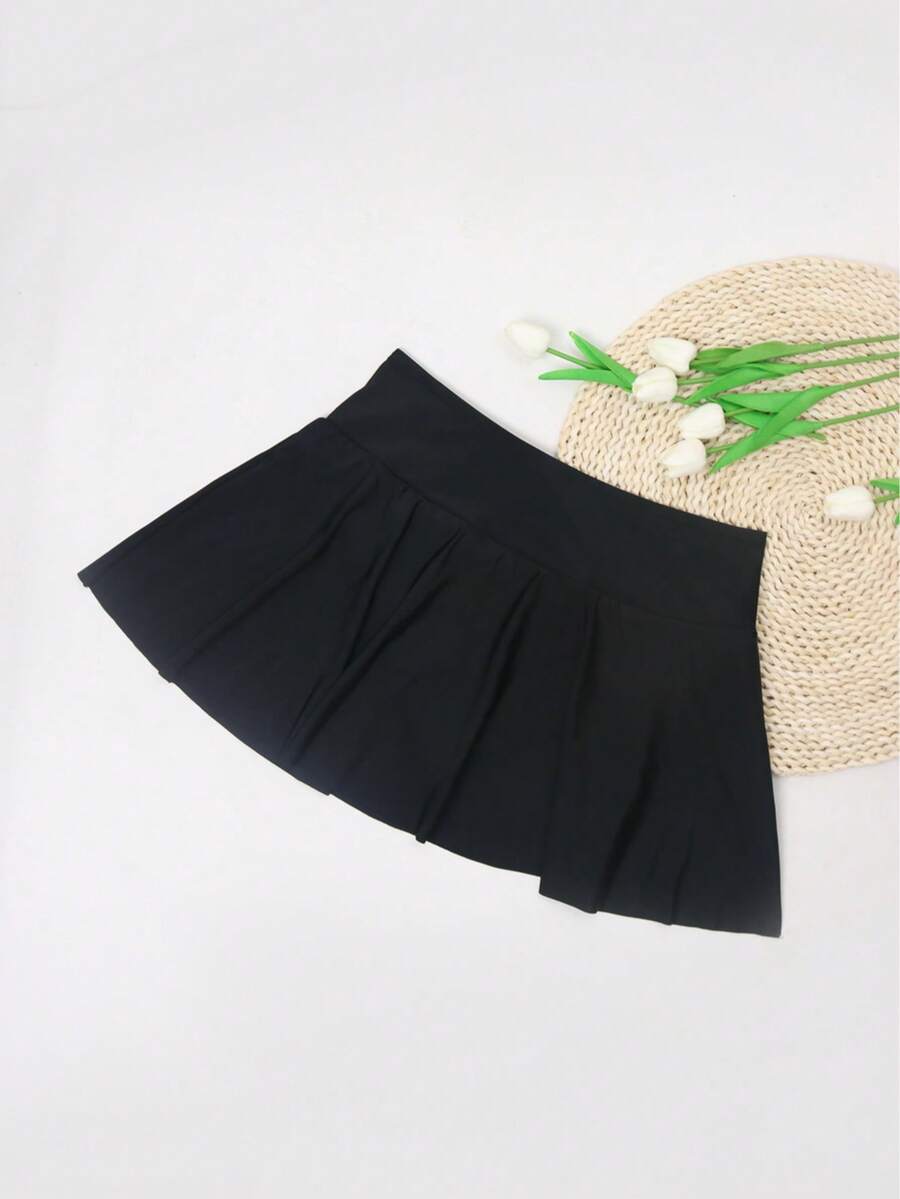 Plus Size Plain Black Color Built-In Briefs 2-In-1 Swim Skirt, Women's Swimwear & Clothing - Black - View 1
