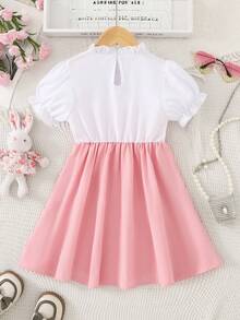 女童夏季连衣裙，兔耳印花 - 泡泡袖蝴蝶结连衣裙，轻便休闲，适合幼儿（2-3岁，4-5岁，6-7岁） - 粉色 - 查看 3