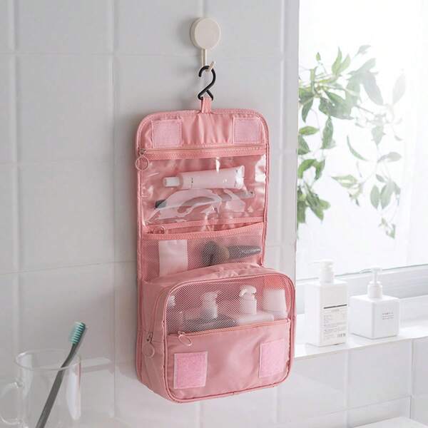 1pc New Fashionable Cute Travel Toiletry Organizer Bag, Cosmetic Makeup Bag, Hanging Toiletry Bag For Shower Room, Portable Cosmetic Storage Bag, Multifunctional Waterproof Foldable Large Capacity Organizer Pouch, Unisex For Travel, Business Trip, Vacation, Camping, Dorm, Gym