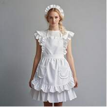 1 Stück Maid reiner weißer Volant Doppeltasche Schürze, Familien Prinzessin Schürze, Maid Mode Schürze, perfekt für Familien Mode Kochen, Hausreinigung, Küche, Bad, Haushaltsbedarf, Schürzen, Grillen, Barbecue, Kochen