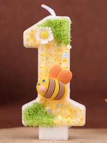 创意畅销款 0-9 数字和字母生日蜡烛、DIY 蛋糕装饰派对用品、绿草、黄色蜜蜂和花朵、闪光蝴蝶、优雅户外系列、生日庆祝数字蜡烛 - 黃綠蜜蜂花朵 - 查看 5