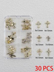 Set di 30 Pezzi di Charm per Unghie in Oro con Gemme Dorate per Unghie, Charm a Croce Dorati e Charm con Vergine Maria - Decorazioni per Unghie in Stile Y2K 3D Dorate, Charm per Unghie Argento, Perle, Gemme di Diamanti, Decorazioni per Unghie in Metallo Dorato e Argentato Vintage Punk