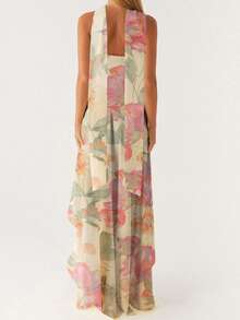 Women Casual Tube Dress Summer Solid Color/Floral Print High Low Ruffles Dress With Scarf For Cocktail Streetwear - 米色 - 查看 7