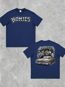Men's T Shirt 1Pcs 100% Cotton With Urban Inspired "HOMIES" Graphic Double Sided Digital Print 220g Heavyweight - 藍色 - 查看 1