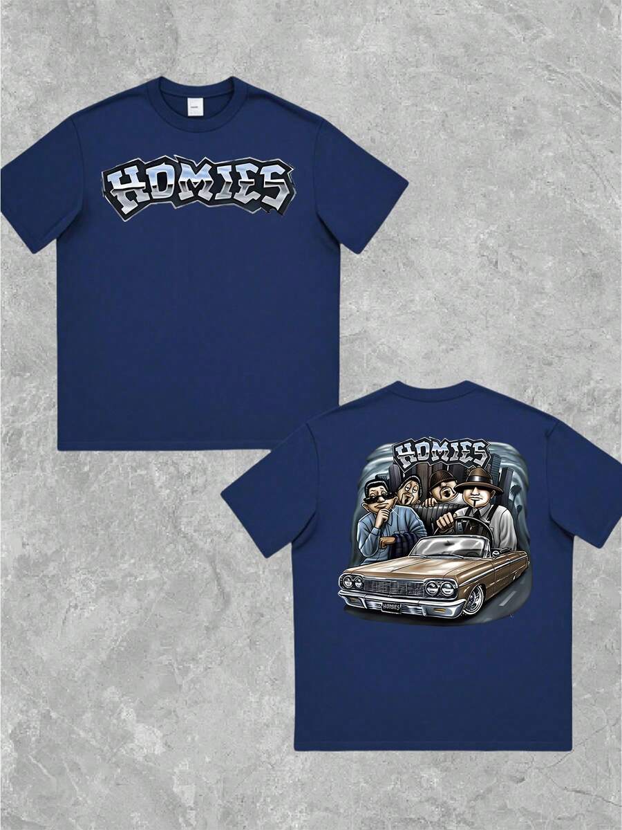 Men's T Shirt 1Pcs 100% Cotton With Urban Inspired "HOMIES" Graphic Double Sided Digital Print 220g Heavyweight - 藍色 - 查看 1