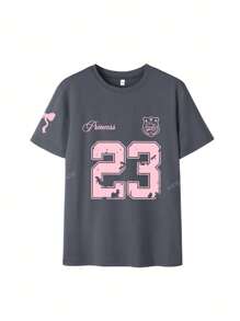 Camiseta feminina com estampa fofa de laço e número 23, gola redonda e manga curta, top moderno e versátil para o verão