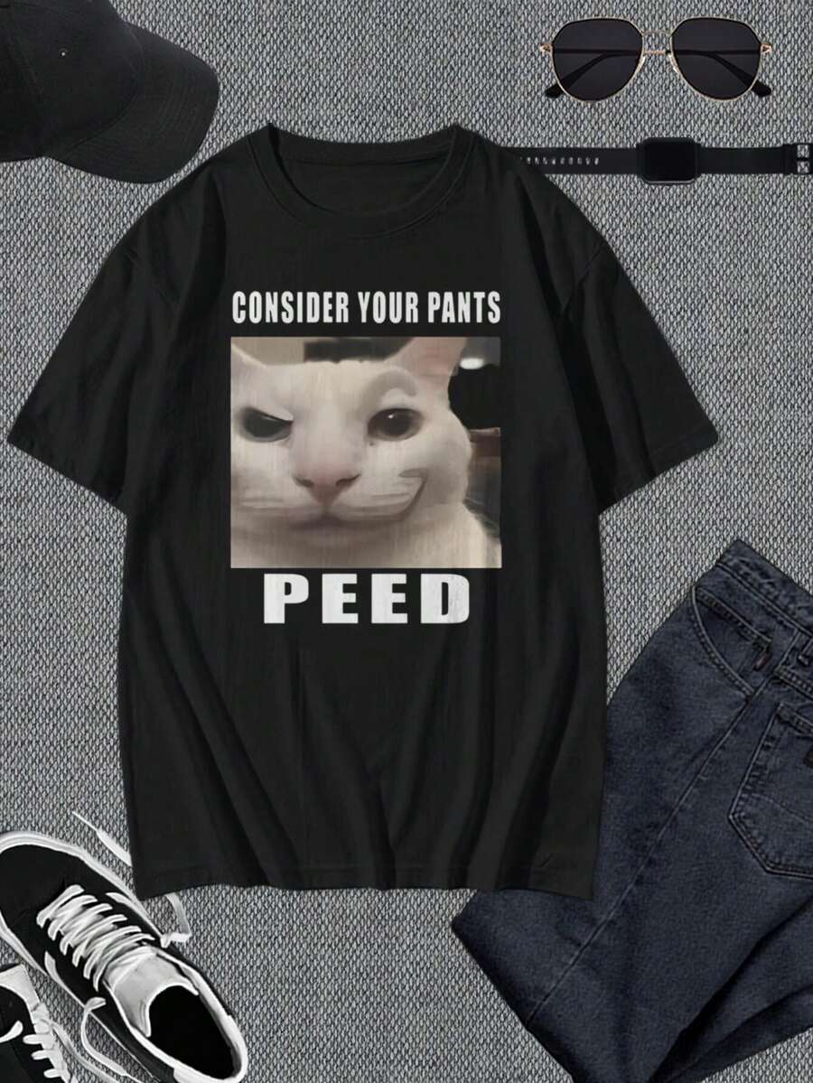 Camiseta divertida con meme de gato orinando - Camiseta negra de manga corta, regalo para amantes de gatos para hombres, mujeres y jóvenes - Camiseta informal cómoda de mezcla de algodón