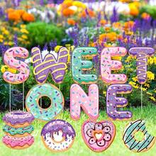 12 piezas de decoraciones para fiesta de cumpleaños de "Primer cumpleaños" con temas de donas, incluye letreros de jardín con estacas. Decoraciones para fiesta de cumpleaños de donas para jardín y decoración. - Multicolor - Ver 4