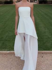 Women High Split Strapless Bridesmaid Dress With Scarf Off Shoulder Sleeveless A Line Prom Maxi Dresses Open Back Long Tube Top Dress Long Formal Gown - 白色 - 查看 4