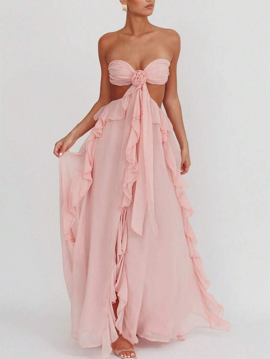 Womens Boho Maxi Dress Y2k Backless Cutout Ruffle Flowy Long Dresses Strapless Beach Party Sundress - Pink - View 1