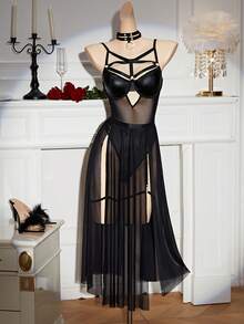 Women's Lingerie Set Patchwork Leather Spaghetti Strap Bodysuit High Split Sheer Skirt With Leg Rings 2 Piece Outfit - Black - View 5