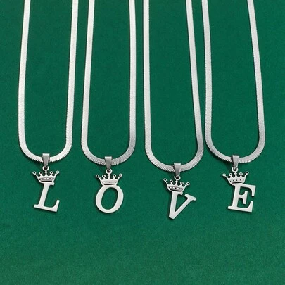 不锈钢 26 字母天使幸运皇冠吊坠 4 毫米刀片项链扁平蛇链珠宝女王公主字母吊坠，节日高端礼物