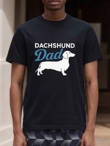 Men's Dachshund Dad Graphic T-Shirt - 100% Cotton Crew Neck Short Sleeve Tee With Geometric Dachshund Design, Breathable Knit Fabric, Light Stretch, All-Season Casual & Sports Wear For Dog Lovers, Casual Wear Tee | Graphic Dad Tee | Comfortable Fit, Dog Dad T Shirt - Black - View 1