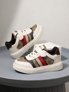 Kids/Teen Unisex Low-Top Sneakers, Flat Comfortable Colorful Striped Shoes With Hook And Loop Closure, Soft Casual Skateboard Shoes For Children - Brown - View 9