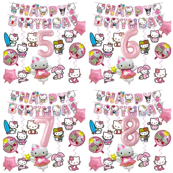 Sanrio 15pcs Sanrio Hello Kitty Party Supplies, Hello Kitty Birthday Banner,Hello Kitty Aluminium Balloons, Number Balloon 32 Inch Aluminium Balloons For Hello Kitty Bithday Party Decorations. Hello Kitty Theme Party Decorations,Hello Kitty Balloons