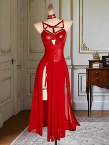 Women's Lingerie Set Patchwork Leather Spaghetti Strap Bodysuit High Split Sheer Skirt With Leg Rings 2 Piece Outfit - 紅色 - 查看 4