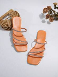 Women's Fashion Rhinestone-Decor Flat Strap Sandals, Versatile For Beach, Dating, Shopping, Party, Business, Summer - Orange - View 6