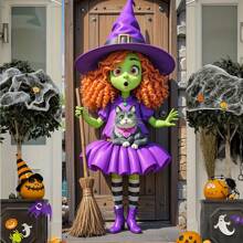 1pc (35*70inch/90*180cm) Polyester Halloween Door Banner Decoration, Cute 2D Cartoon Style Green Witch & Cat Design, Suitable For Home, Garden, Yard, Indoor/Outdoor Party Decor