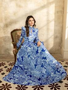 Faeriesty 印花优雅雪纺印花 A 字裙，搭配系带细节领和灯笼袖领带 | 适合休闲星期五或正式活动的夏季派对礼服 - 藍色 - 查看 4