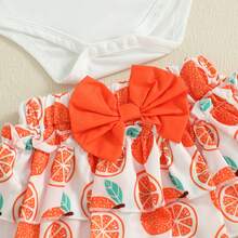 Half Way To One Newborn Baby Girls Birthday Outfits Letter Print Romper Bodysuit Top + Strawberry/Ice Cream/Orange/Watermelon Print Shorts + Bow Headband 3Pcs Clothes Set - 橘色 - 查看 9