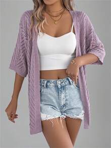 New Summer Hollowed-Out Short Sleeve Knitted Cardigan, Vacation Beach Sunscreen Thin Jacket For Women - Mauve Purple - View 4