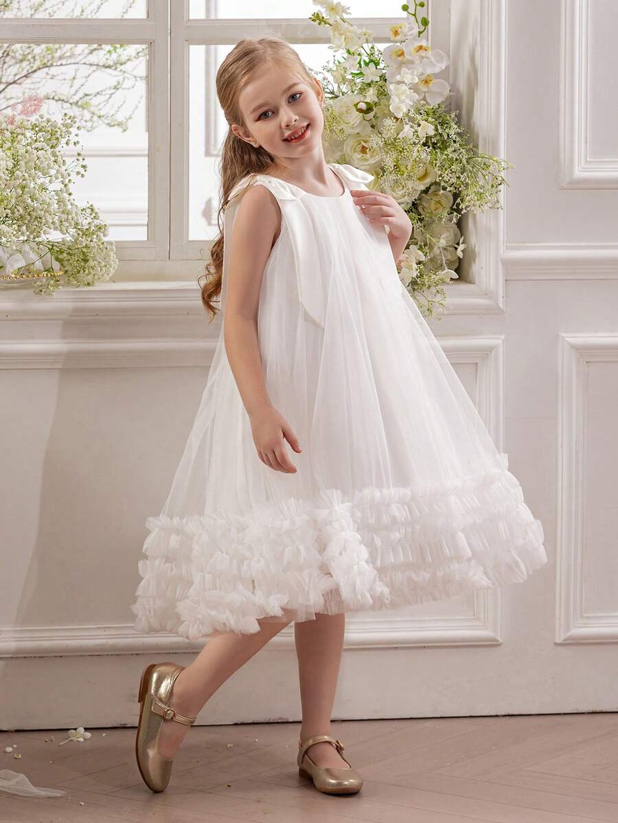 Young Girl Elegant Bow Ruffled Tulle Princess Dress, Cake Skirt Design Suitable For Birthday Party, Casual Outing, Stage Performance, Holiday Celebration - White - View 1