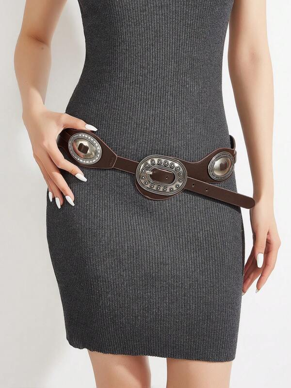1 Peça Cinto de Cintura Vintage Estilo Ocidental Feminino Ondulado Assimétrico Boêmio Escuro de Moda de Rua com Tachas