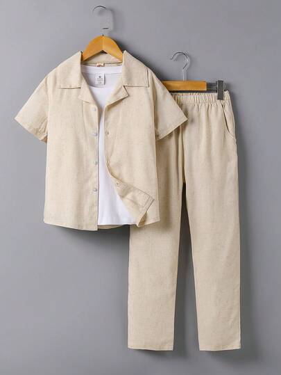 Bộ đồ trẻ em/thanh thiếu niên ve áo vải lanh tay ngắn, bộ quần áo và áo sơ mi thoải mái đa năng thường ngày cho bé trai, hàng mới về mùa xuân/hè