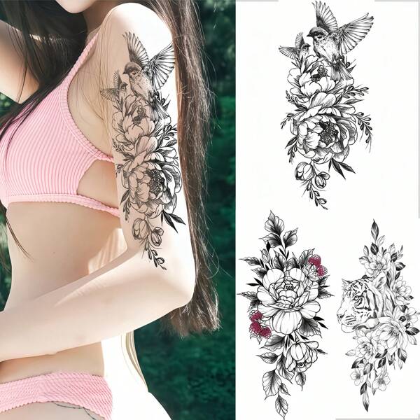 1 Pegatina de tatuaje temporal impermeable hecha de material impermeable y es adecuada para brazos, cintura, abdomen y piernas. Presenta elementos florales sencillos como mariposas, tigres y peonías. Es imprescindible para salidas y citas