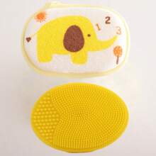 2pcs/Set Teens Bath & Shampoo Brush Set - Soft Silicone, Gentle Scalp Massage, Easy Clean Hair Comb, Cartoon Elephant Washcloth, Soft Lathering Scrubber, Body Hair Cleaning Sponge, Bathing Supplies, Suitable For Teens