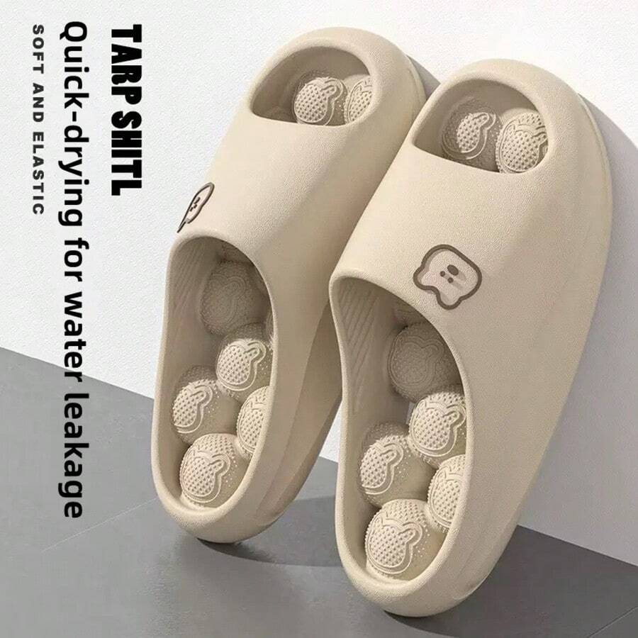 女士卡其色按摩拖鞋，排水滑梯，浴室淋浴鞋，情侣款，脚感舒适，纹理柔软鞋底，EVA 材质